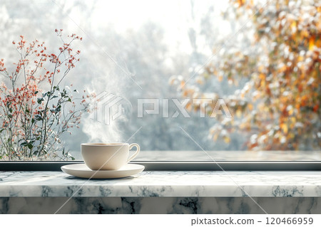 A steaming cup of coffee on marble window sill with frosty winter trees and soft autumn leaves in the background. Cozy tranquil morning atmosphere. Close-up view A steaming cup of coffee on marble window sill with frosty winter trees and soft autumn leaves in the background. Cozy tranquil morning atmosphere. Close-up view 120466959