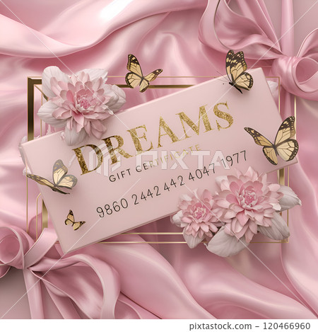 conceptual fine art: imagination certificate card "Dreams" against fantasy soft pink background . finantial and present concept. Ai generated conceptual fine art: imagination certificate card "Dreams" against fantasy soft pink background . finantial and present concept. Ai generated 120466960