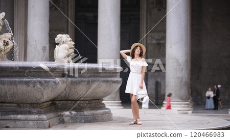 Elegant Woman Posing by Historic Fountain at the Pantheon, Rome, Italy Elegant Woman Posing by Historic Fountain at the Pantheon, Rome, Italy 120466983