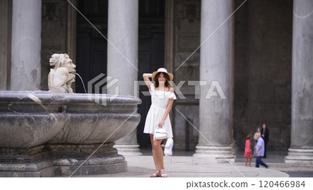 Fashionable Tourist by the Ancient Pantheon Fountain, Capturing Roman Elegance 120466984