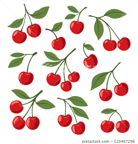 Flat Vector Cute Cartoon Cherry Icon Set. Single, Pair of Cherries and Cluster of Cherries with Leaves Clipart. Cherry Art, Design Template, Vector Illustration 120467296