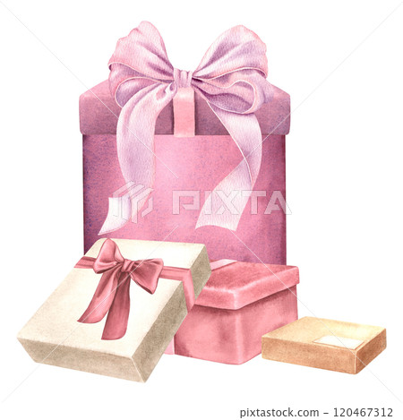 Gift cardboard boxes with ribbons and bows. Hand drawn watercolor illustration of presents for holidays on isolated background. Drawing of surprise package for Birthday greeting cards or invitations. Gift cardboard boxes with ribbons and bows. Hand drawn watercolor illustration of presents for holidays on isolated background. Drawing of surprise package for Birthday greeting cards or invitations. 120467312