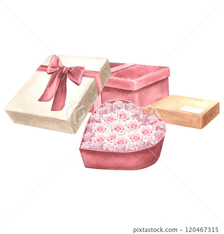 Gift cardboard boxes with ribbons and bows. Hand drawn watercolor illustration of presents for holidays on isolated background. Drawing of surprise package for Birthday greeting cards or invitations. Gift cardboard boxes with ribbons and bows. Hand drawn watercolor illustration of presents for holidays on isolated background. Drawing of surprise package for Birthday greeting cards or invitations. 120467315