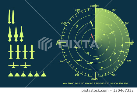 Strike and Reconnaissance Drones, Cruise and Ballistic Missiles on radar screen. Non-existent military radar interface. 120467332