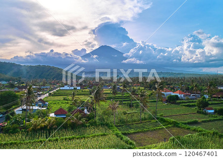 Panorama of Mount Agung and rice fields on the island of Bali. Panorama of Mount Agung and rice fields on the island of Bali. 120467401