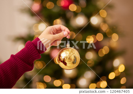 Gorgeous brunette girl in a burgundy sweater decorating a Christmas tree in a cozy home interior Gorgeous brunette girl in a burgundy sweater decorating a Christmas tree in a cozy home interior 120467405