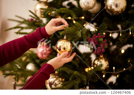 Gorgeous brunette girl in a burgundy sweater decorating a Christmas tree in a cozy home interior Gorgeous brunette girl in a burgundy sweater decorating a Christmas tree in a cozy home interior 120467406