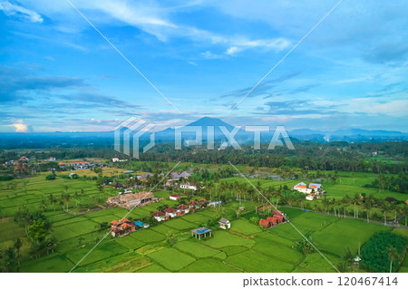 Panorama of Mount Agung and rice fields on the island of Bali. 120467414