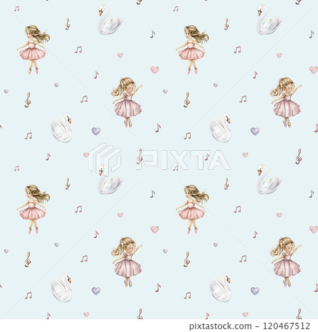 Watercolor seamless pattern with cute little ballerinas and swans. Hand drawn illustration heart and notes or treble clef on isolated background. Background for girl textile with dancing in pink dress 120467512