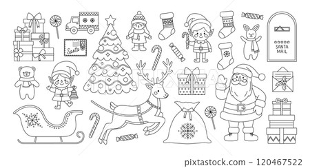Christmas set coloring page. Outline set with Santa Claus, elves, deer, sleigh, sack, tree, gifts, toys, mailbox, letters, stocking and candies. Santa mail. Holiday collection. Coloring book for print Christmas set coloring page. Outline set with Santa Claus, elves, deer, sleigh, sack, tree, gifts, toys, mailbox, letters, stocking and candies. Santa mail. Holiday collection. Coloring book for print 120467522