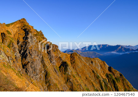 A spectacular view of the summit and Machigazawa valley from the Nishikuro Ridge in autumn at Mt. Tanigawa 120467540