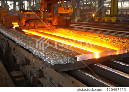 Heavy machinery shaping molten steel in production facility during industrial processing. 120467553
