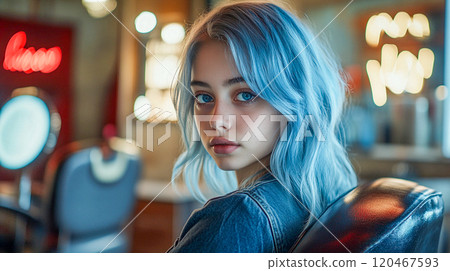 A beautiful blue-eyed teenage girl with blue hair in beauty salon. Teenager kid sad face expression looking in camera. Teen subculture. Unusual hair. This is AI-generated item 120467593
