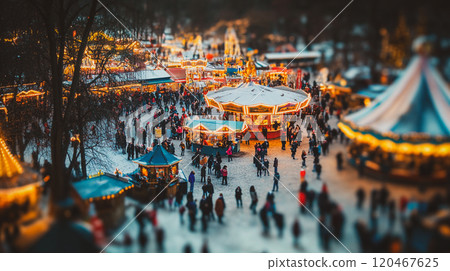 Winter fair in the open air and people have fun view from above. Wintertime holidays in amusement park with carousel, street lamps in the evening. This is AI-generated item Winter fair in the open air and people have fun view from above. Wintertime holidays in amusement park with carousel, street lamps in the evening. This is AI-generated item 120467625