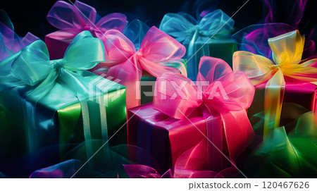 Colorful bright gift boxes with neon colored organza bows. Abstract festive background with gifts. Black Friday dales, shopping. Bow-tied presents. This is AI-generated item 120467626