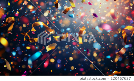 Colourful tossing paper confetti in the air on blue background. New Year, Christmas tinsel abstract bright background. Festive decor for holidays. This is AI-generated item Colourful tossing paper confetti in the air on blue background. New Year, Christmas tinsel abstract bright background. Festive decor for holidays. This is AI-generated item 120467627
