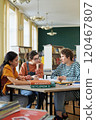 Group of young students sitting around a table in a library, engaging in collaborative study session with books and notebooks. Bright light fills the room, enhancing the studious atmosphere 120467807