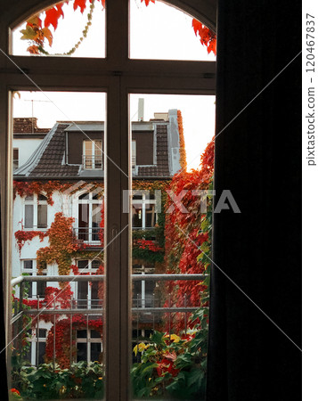 View from arched window to balcony and facade of a house overgrown with wild grapes with red leaves. Tiled roof in autumnal season. October, November 120467837