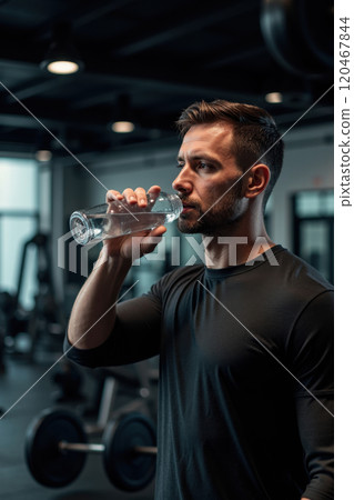 Athletic man sipping from water bottle while standing in modern gym during daylight. Various fitness equipment visible in workout facility background 120467844