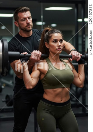 Man assisting woman by adjusting her form while performing a weightlifting exercise in gym. Both individuals exuding focus and determination in fitness environment 120467858