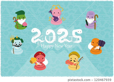 2025年新年賀卡，淺藍色背景，多彩七蛇幸運神，2025年數字是蛇 120467939