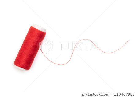 Red spool of thread isolated on white, top view 120467993