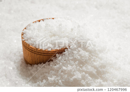 Bowl with salt in the kitchen close-up 120467996