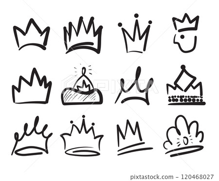 Black crown doodle elements isolated on white background 120468027