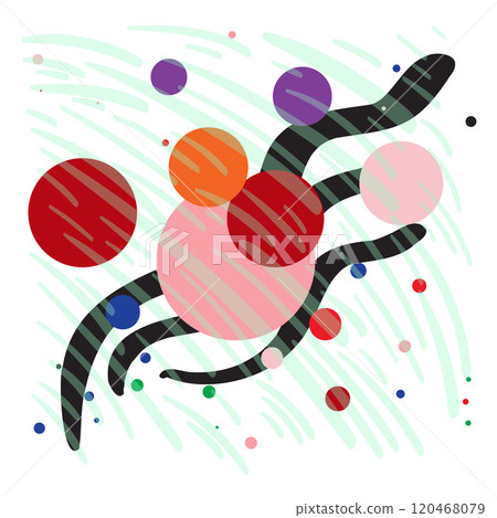 Abstract artwork of swirling lines, overlapping circles, and vibrant colors. Art composition, patterns, dynamic visual 120468079