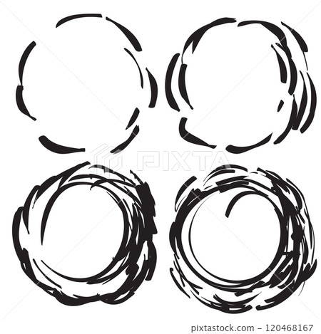Hand drawn ink line circles, scribble circle, circular doodle sketch scribbles, round frames isolated 120468167
