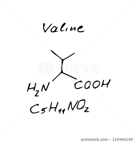 Valine C5H11NO2 molecule formula. Hand drawn imitation of valine structural model 120468199