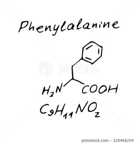 Phenylalanine C9H11NO2 molecule formula. Hand drawn imitation of phenylalanine structural model Phenylalanine C9H11NO2 molecule formula. Hand drawn imitation of phenylalanine structural model 120468204