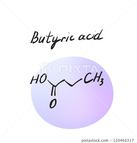 Butyric acid (butanoic acid) molecule formula. Hand drawn imitation of organic acid structural model, butyrates 120468317