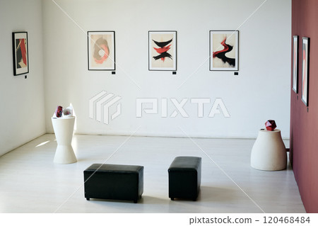 Modern art gallery displaying abstract paintings on white walls with dark furniture and sculptures placed around. Spacious interior offers a serene experience for art enthusiasts 120468484