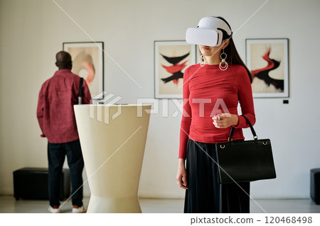 Woman wearing virtual reality headset exploring an art gallery while standing near framed artworks. Another person observing paintings in background 120468498