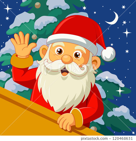 A jolly cartoon Santa peeks out from behind a wall and waves in front of a snow-covered Christmas tree. Bright holiday card. Background for Christmas and New Year. 120468631