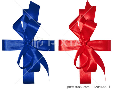 Tied bow made of red and blue silk ribbon on an isolated background, decor for a gift. Tied bow made of red and blue silk ribbon on an isolated background, decor for a gift. 120468691