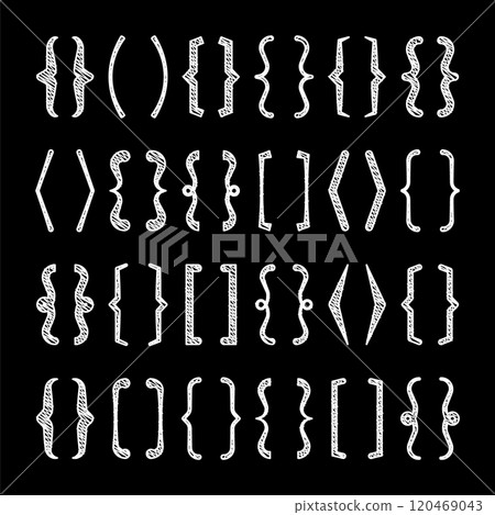 Shaded text brackets, black quotation box. Curly, square and corner parentheses. Vintage typographical symbol, calligraphic quote frame. Doodle, lettering element. Vector illustration Shaded text brackets, black quotation box. Curly, square and corner parentheses. Vintage typographical symbol, calligraphic quote frame. Doodle, lettering element. Vector illustration 120469043