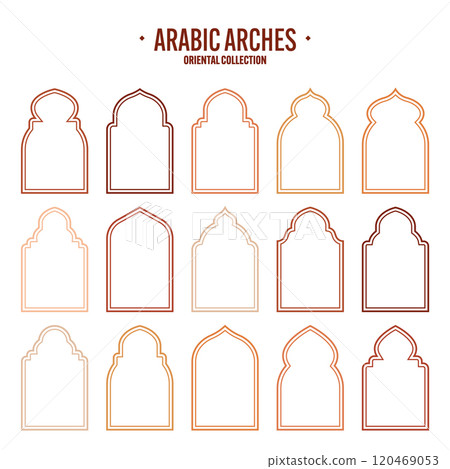 Islamic frames, oriental style objects. Arabic shapes, windows and arches. Traditional ornamental banner, frame. Muslim holidays, Ramadan Kareem. Modern eastern architecture. Vector illustration 120469053