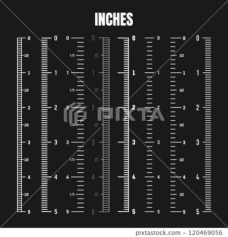 Vertical inch scale for measuring length or height. Various measurement scales with divisions. Ruler, tape measure marks, size indicators. Vector illustration 120469056