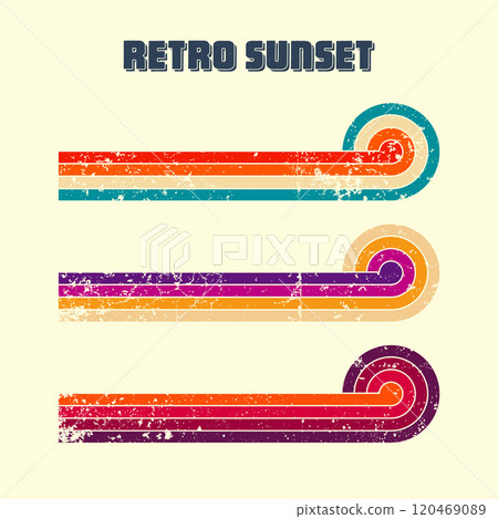 Grunge horizontal vintage sunsets. Various colorful striped sunrise badges in 80s and 90s style. Sun and ocean view, summer vibes, surfing. Design element, print, logo or t-shirt. Vector illustration 120469089