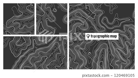Colorful topographic map sets with contour lines. Geographic terrain grid, relief height elevation. Ground path pattern. Travel and navigation, cartography design element. Vector illustration Colorful topographic map sets with contour lines. Geographic terrain grid, relief height elevation. Ground path pattern. Travel and navigation, cartography design element. Vector illustration 120469105