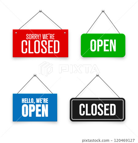 Realistic open or closed hanging signboards. Vintage door sign for cafe, restaurant, bar or retail store. Announcement banner, information signage for business or service. Vector illustration Realistic open or closed hanging signboards. Vintage door sign for cafe, restaurant, bar or retail store. Announcement banner, information signage for business or service. Vector illustration 120469127