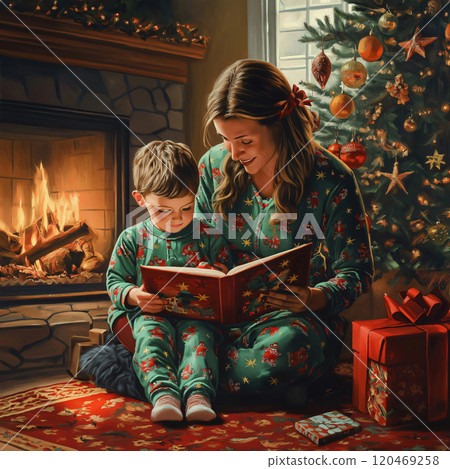 Mother and her son are wearing matching pajamas and reading a Christmas story by the fireplace 120469258