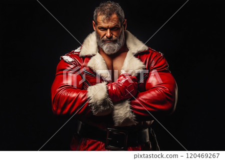 Strong Santa Claus with a beard wearing a red leather suit is posing in a studio on a black background 120469267