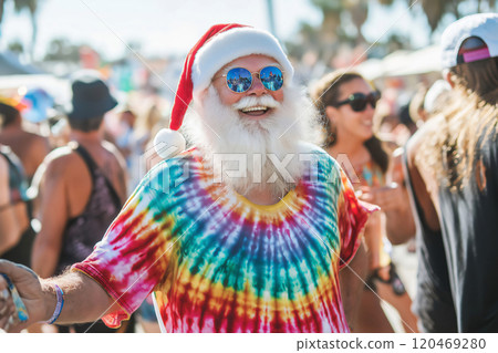 Man with a white beard wearing a Santa hat and a tie dye shirt is smiling at a music festival 120469280