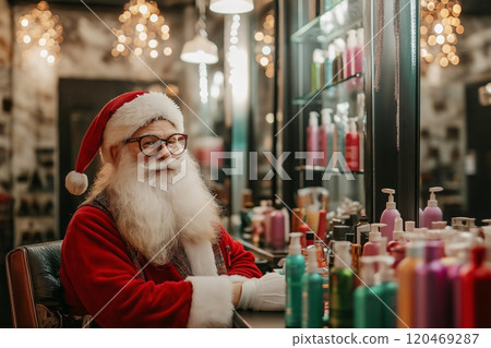 Santa Claus is sitting in a barber chair and smiling in a hair salon with many colorful bottles of hair products 120469287