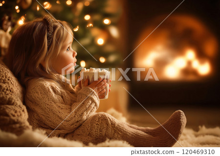Little girl is sitting near a decorated fireplace and a Christmas tree, holding a cup of hot chocolate with marshmallows 120469310
