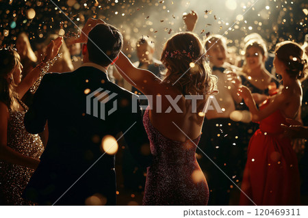 Elegant couple is dancing at a glamorous party, surrounded by people throwing confetti in the air 120469311