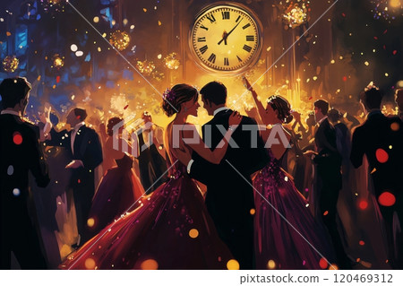 Elegant couples dancing at a glamorous new year's eve ball with confetti falling from the ceiling 120469312